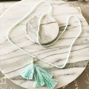 Semiprecious Stone Necklace Beaded Light Blue Tassel‎ Accent Pendant Boho Earthy